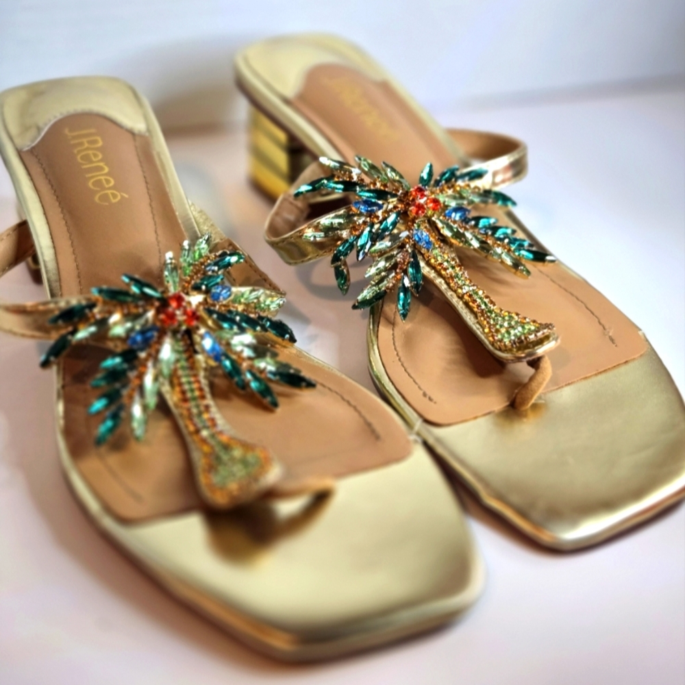 J Renee Gold Embellished Flat Sandals with Jewel Accents